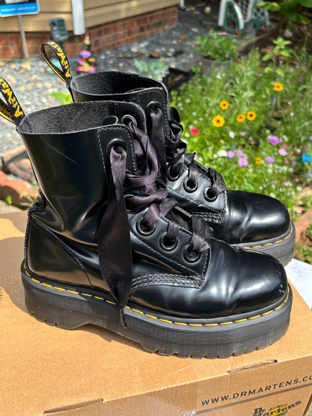 Dr. Martens MOLLY Platform Boots Black with Yellow Stitching
